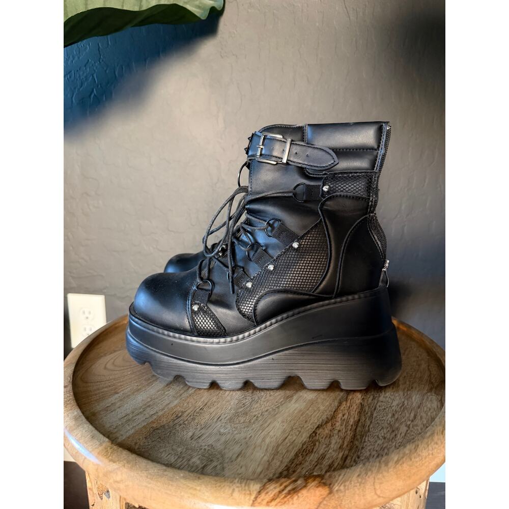 Goth Platform Combat Boots Black Chunky Wedge Buckle Punk Grunge EU41 US10
